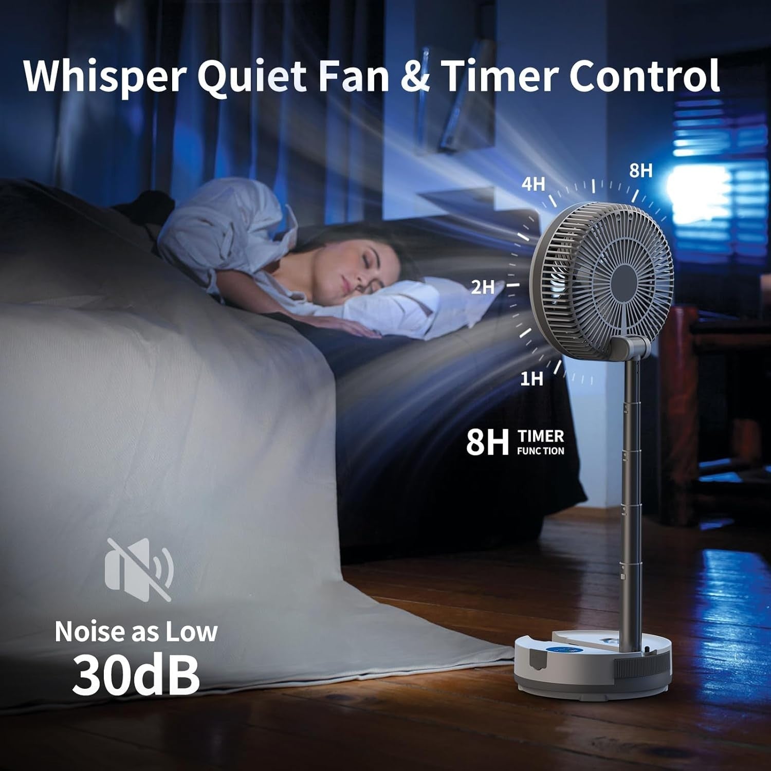 Foldable Standing Fan – 40000mAh Rechargeable w Remote LED Light Quiet 30dB - Kwikley