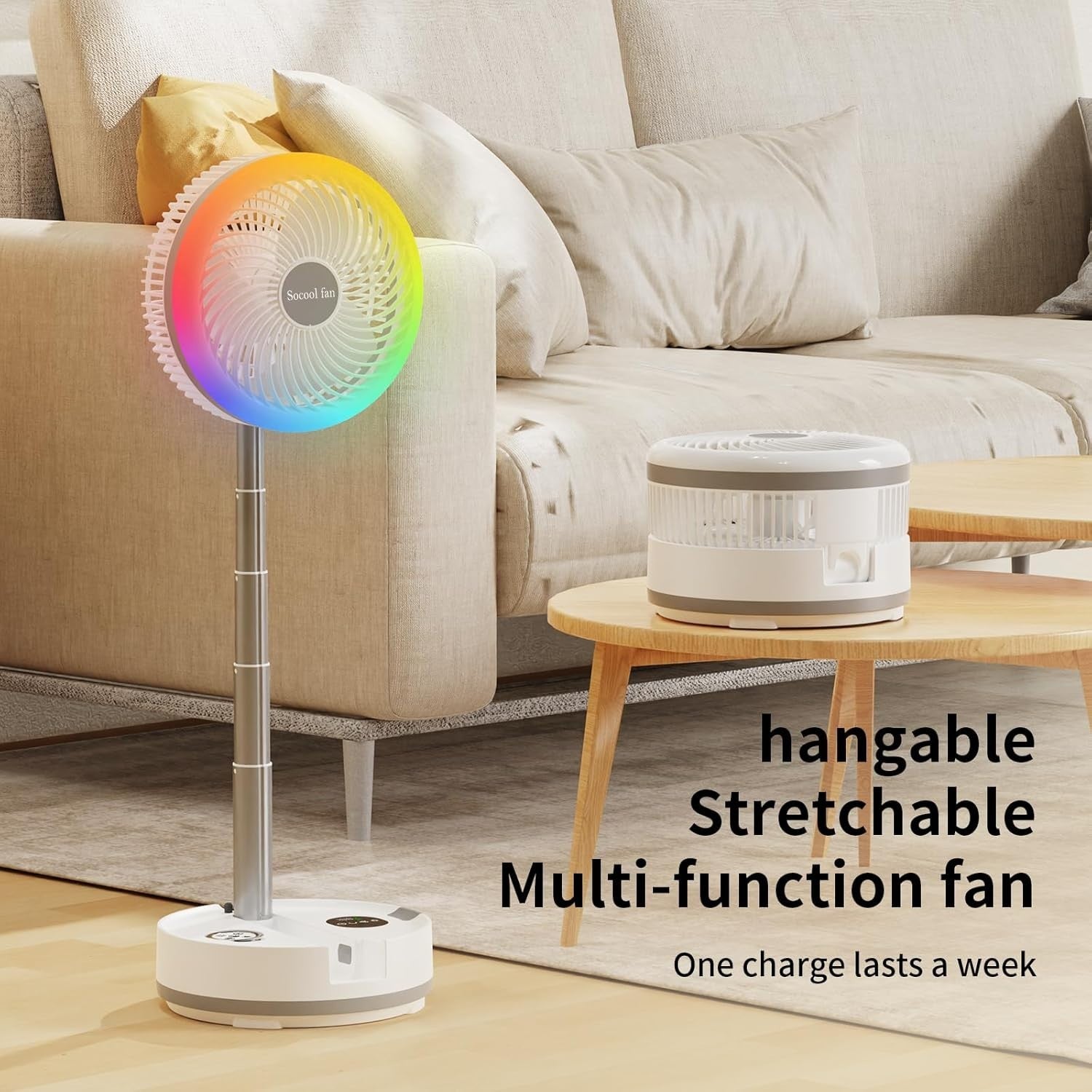 Foldable Standing Fan – 40000mAh Rechargeable w Remote LED Light Quiet 30dB - Kwikley