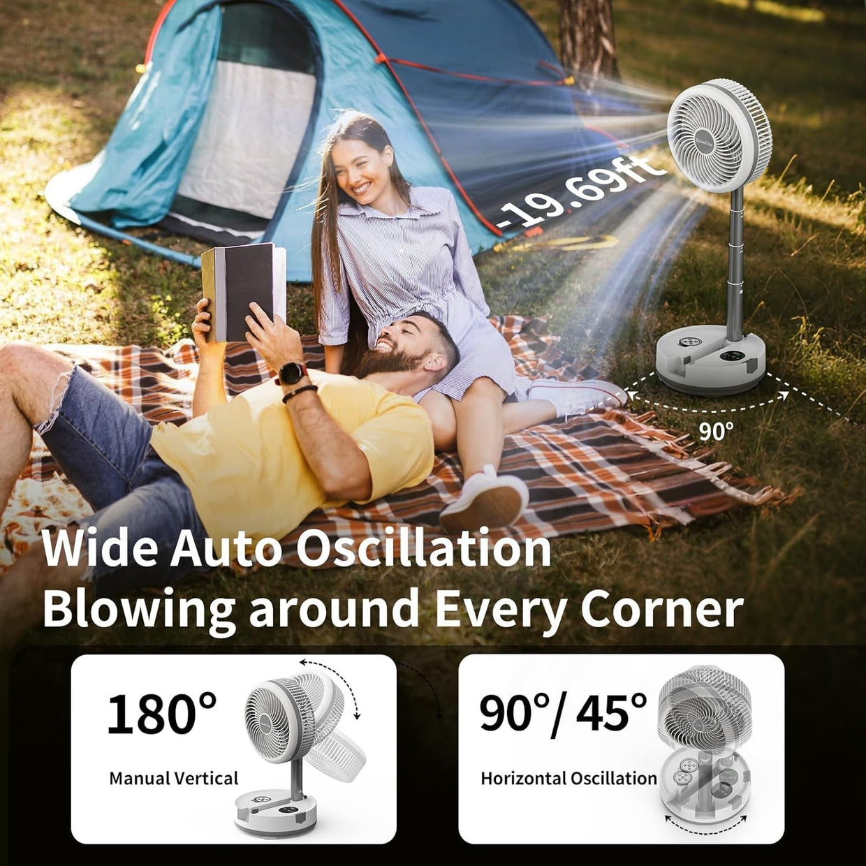 Foldable Standing Fan – 40000mAh Rechargeable w Remote LED Light Quiet 30dB - Kwikley