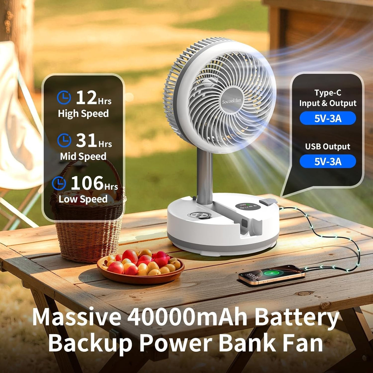 Foldable Standing Fan – 40000mAh Rechargeable w Remote LED Light Quiet 30dB - Kwikley
