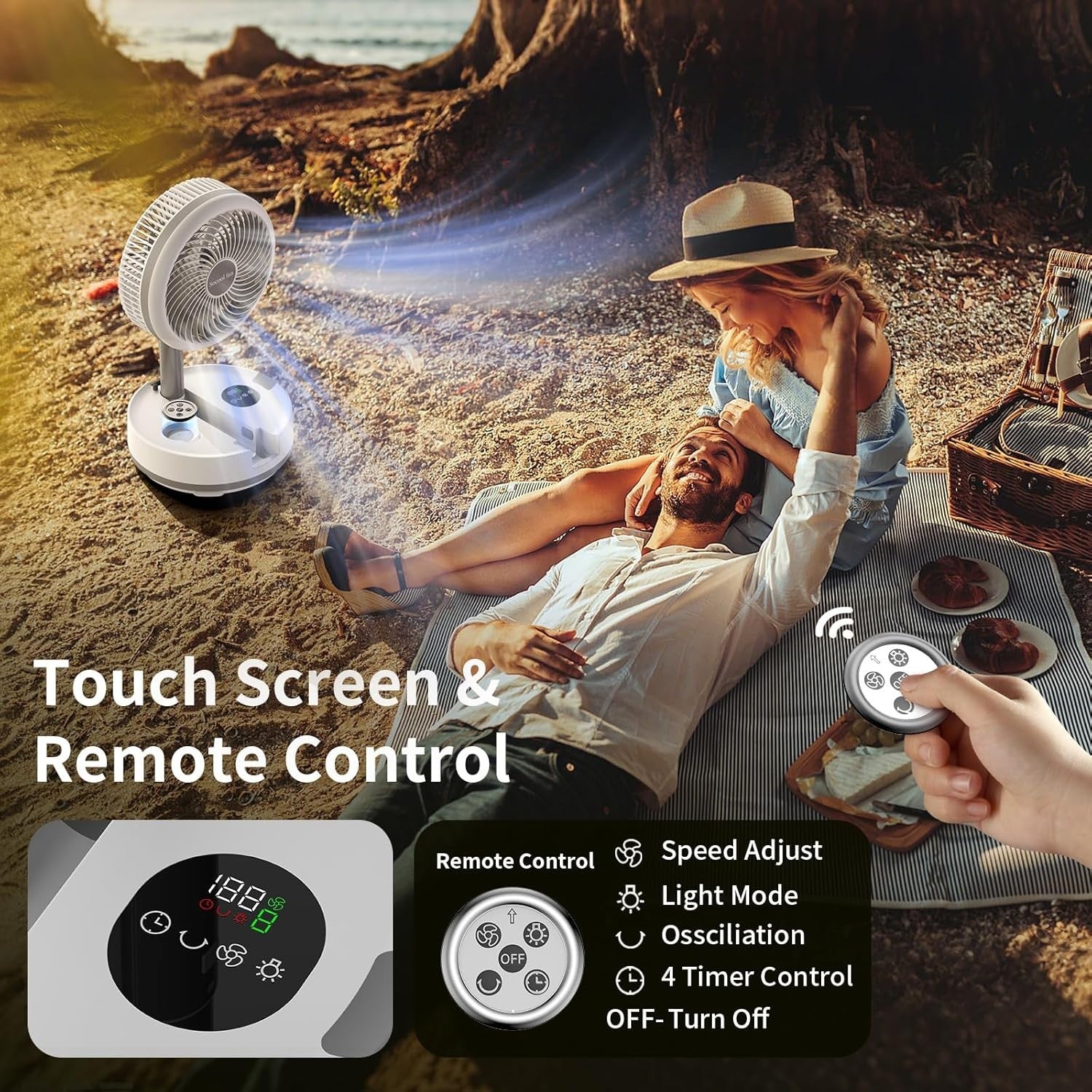 Foldable Standing Fan – 40000mAh Rechargeable w Remote LED Light Quiet 30dB - Kwikley