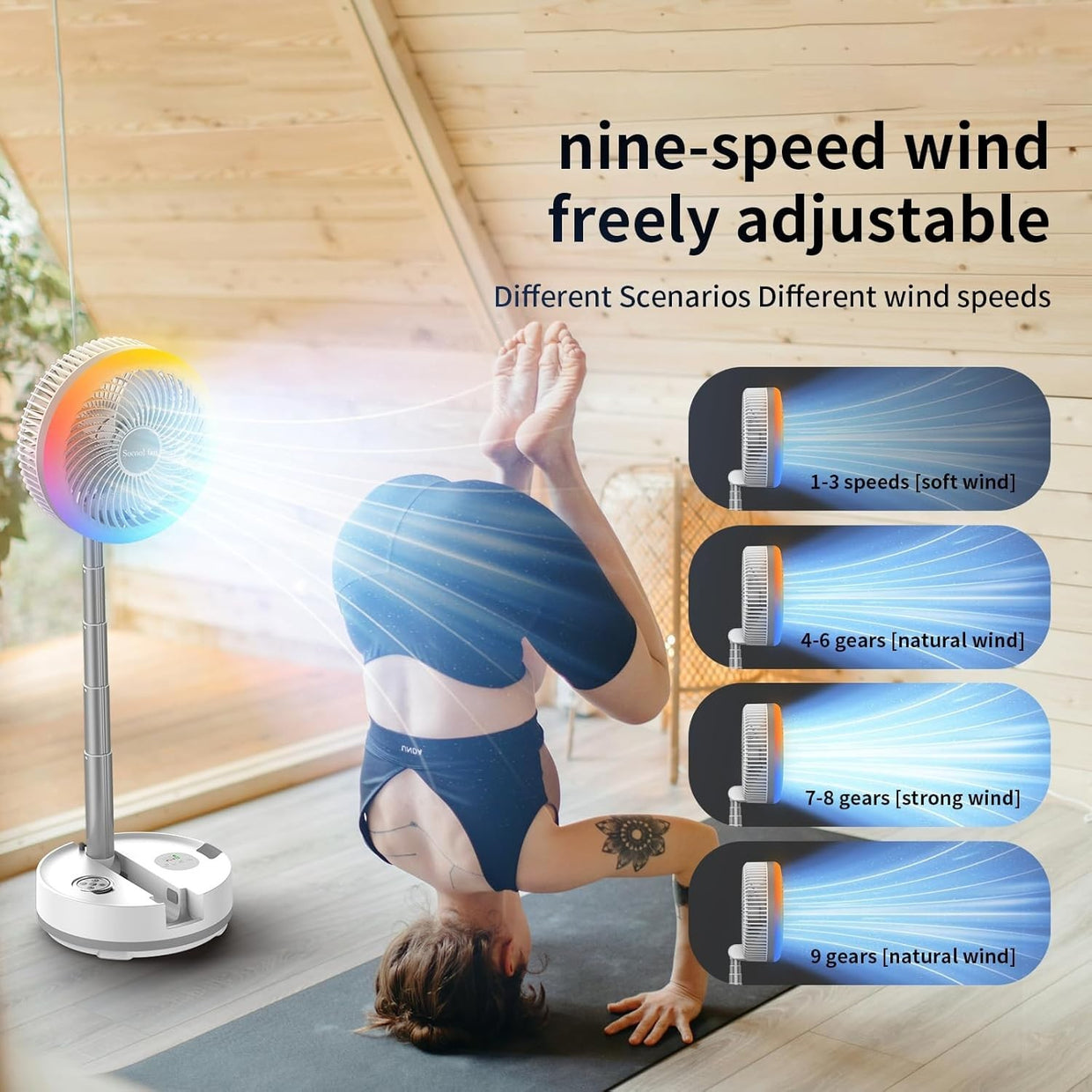 Foldable Standing Fan – 40000mAh Rechargeable w Remote LED Light Quiet 30dB - Kwikley