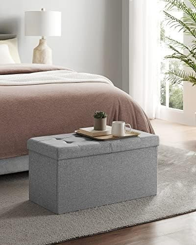Foldable Storage Ottoman Bench 110cm Linen Seat Light Grey - Kwikley