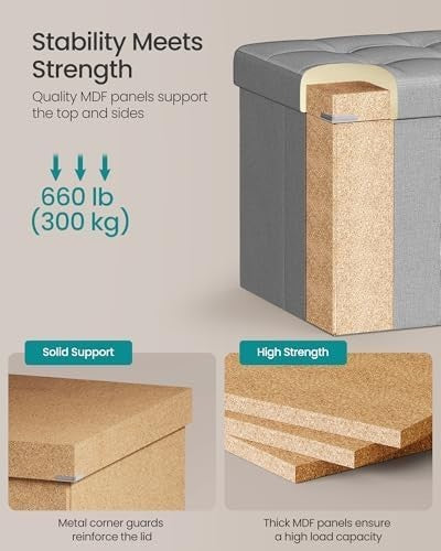 Foldable Storage Ottoman Bench 110cm Linen Seat Light Grey - Kwikley