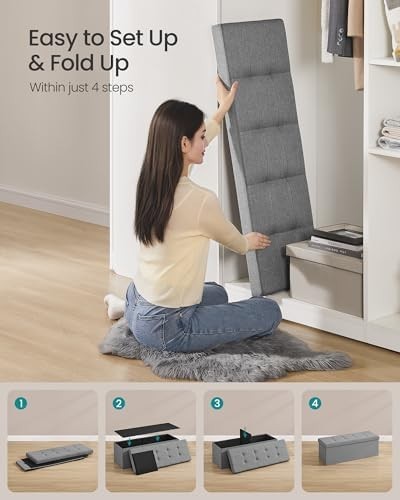 Foldable Storage Ottoman Bench 110cm Linen Seat Light Grey - Kwikley