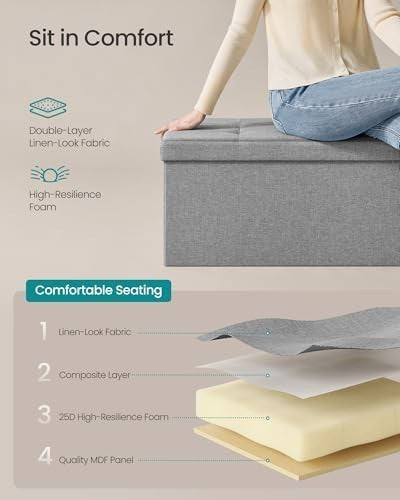 Foldable Storage Ottoman Bench 110cm Linen Seat Light Grey - Kwikley
