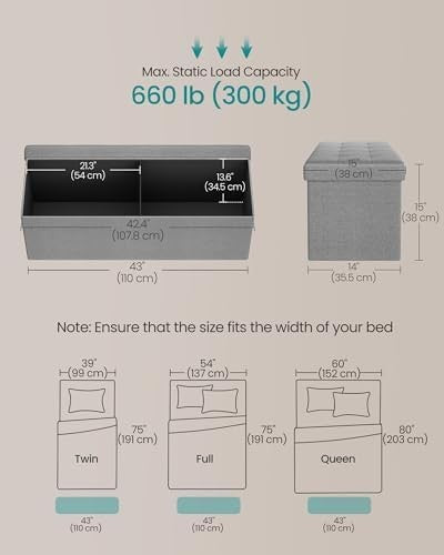 Foldable Storage Ottoman Bench 110cm Linen Seat Light Grey - Kwikley