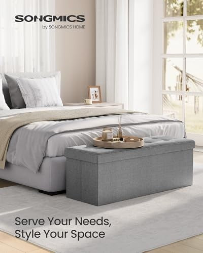 Foldable Storage Ottoman Bench 110cm Linen Seat Light Grey - Kwikley