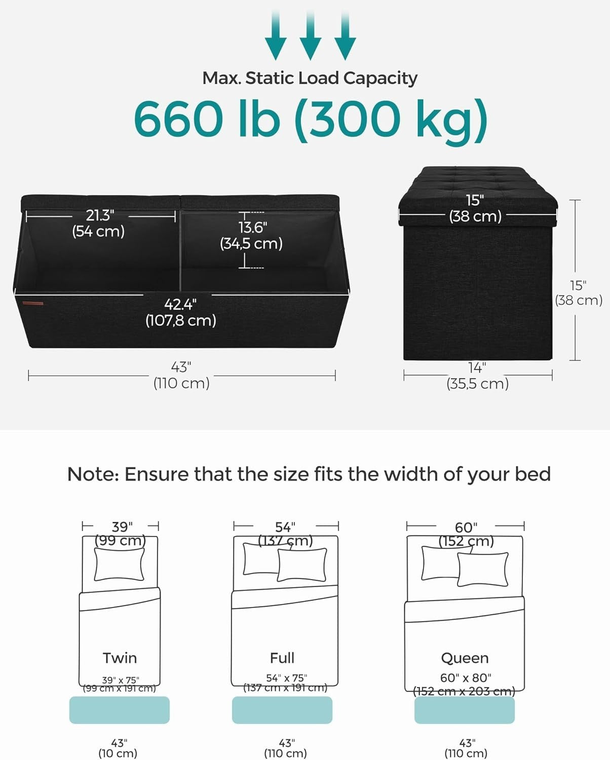 Foldable Storage Ottoman Bench 110cm Seat Linen Light Black - Kwikley