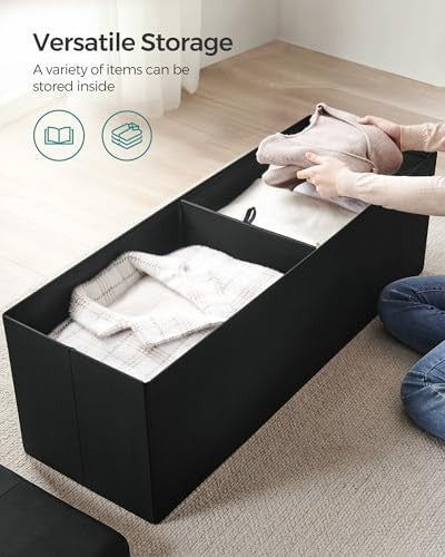 Foldable Storage Ottoman Bench 110cm Seat Linen Light Black - Kwikley