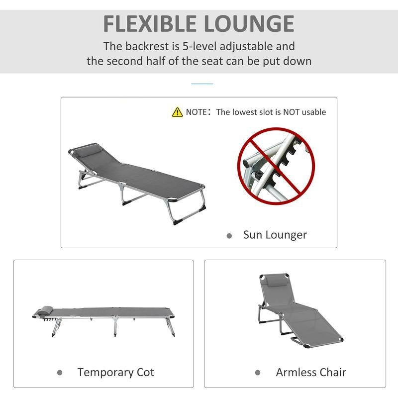 Foldable Sun Lounger Recliner Bed 5 - Position Grey Camping Chair Cot - Kwikley