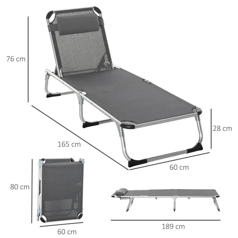 Foldable Sun Lounger Recliner Bed 5 - Position Grey Camping Chair Cot - Kwikley