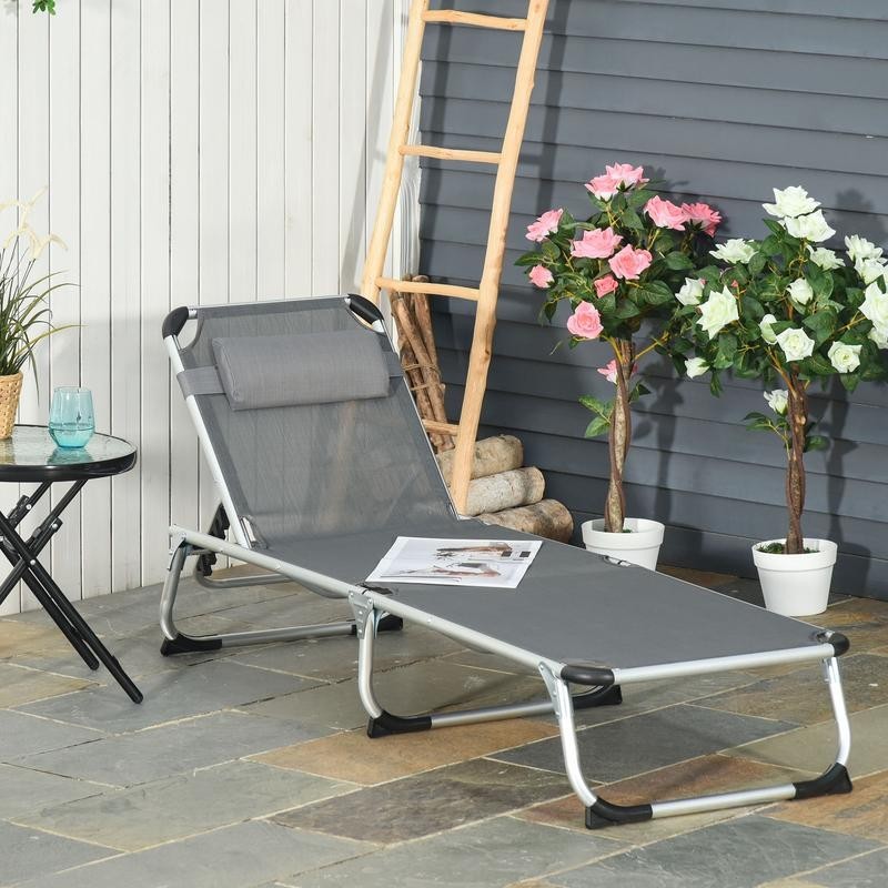 Foldable Sun Lounger Recliner Bed 5 - Position Grey Camping Chair Cot - Kwikley