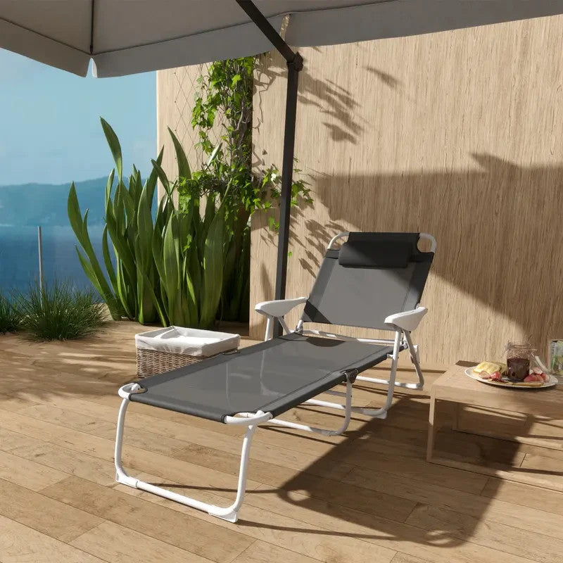 Foldable Sun Lounger Recliner Chair 4 - Level Adjustable w/ Headrest Armrests - Kwikley