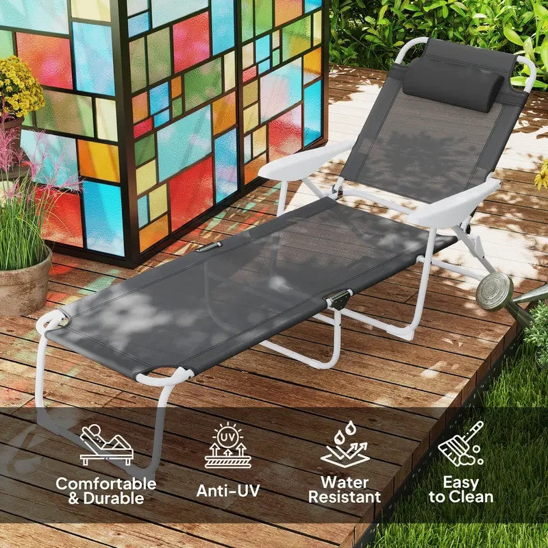 Foldable Sun Lounger Recliner Chair 4 - Level Adjustable w/ Headrest Armrests - Kwikley