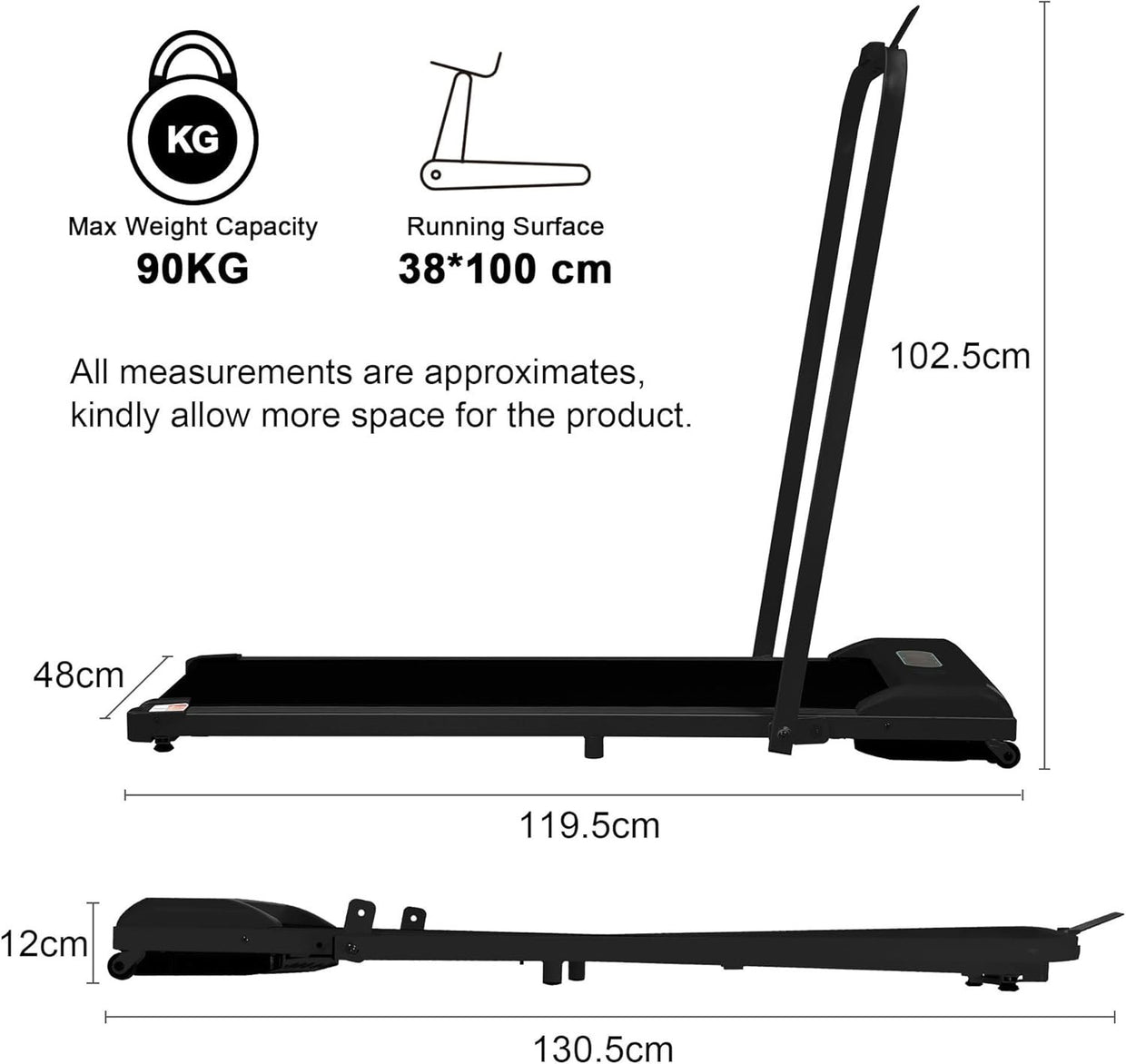 Foldable Under Desk Treadmill 2 - in - 1 LED Display Bluetooth Black - Kwikley