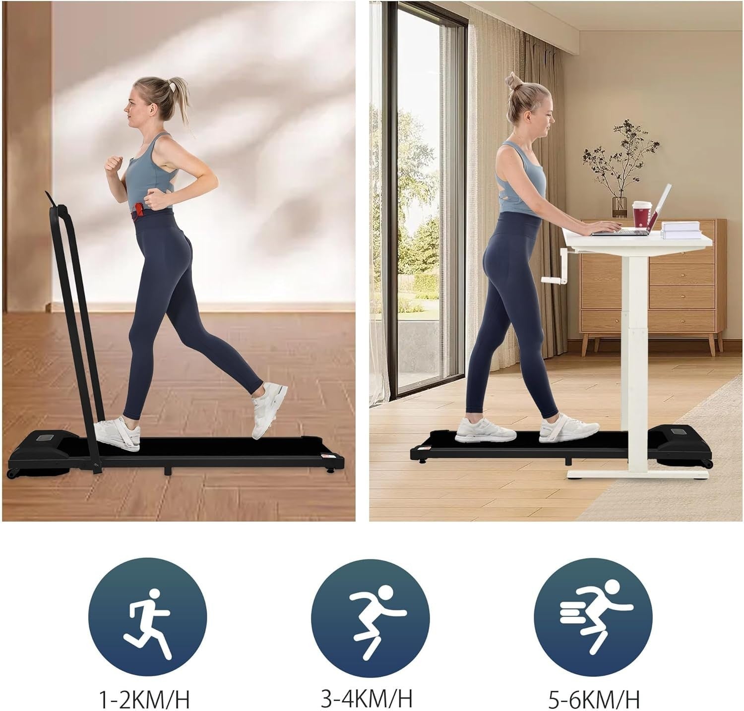 Foldable Under Desk Treadmill 2 - in - 1 LED Display Bluetooth Black - Kwikley
