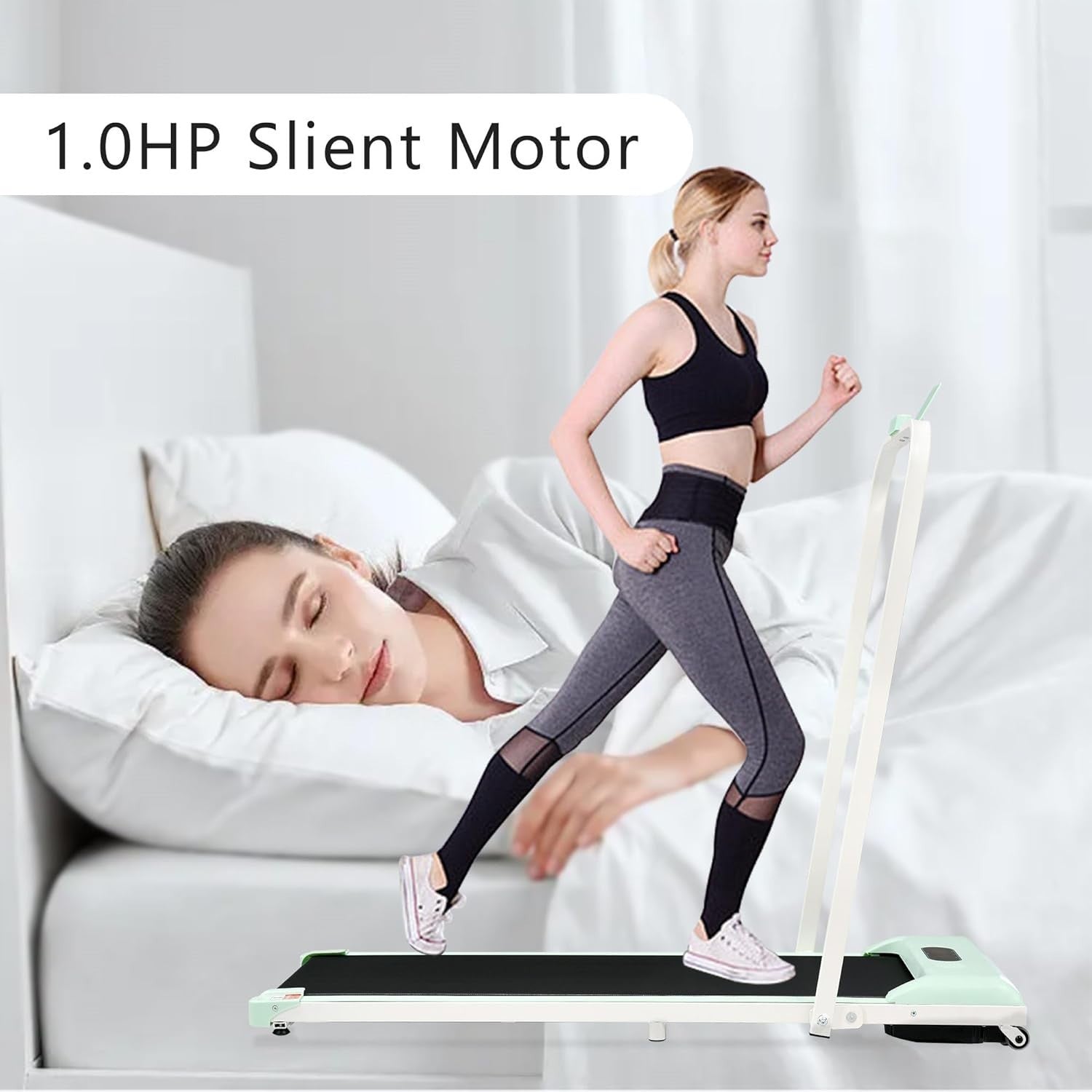 Foldable Under Desk Treadmill 2 - in - 1 LED Display Bluetooth Green - Kwikley