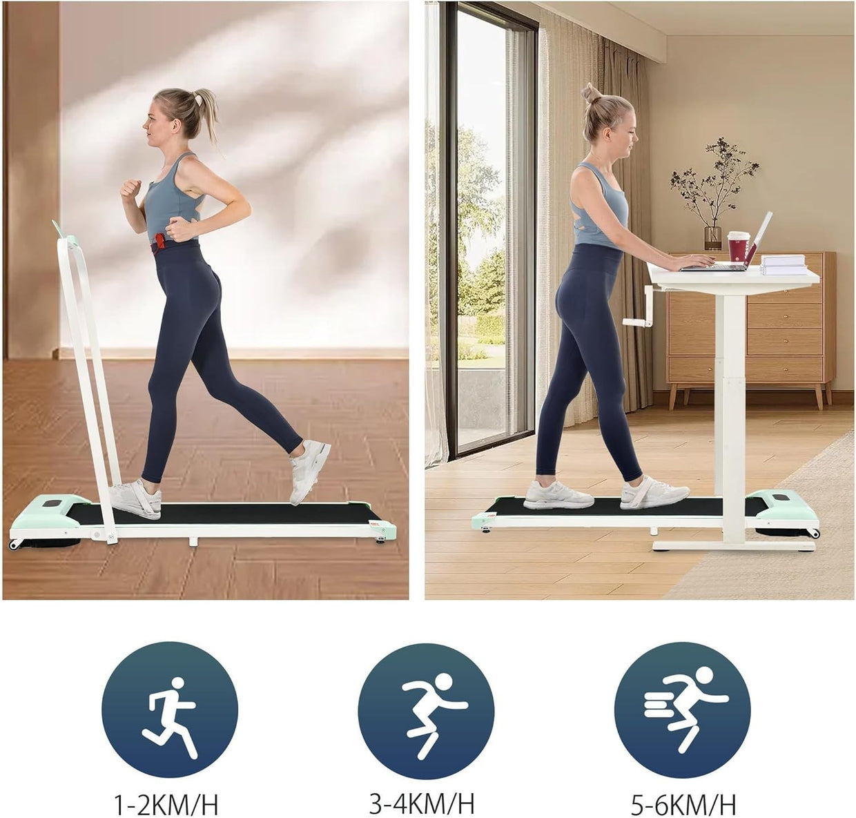 Foldable Under Desk Treadmill 2 - in - 1 LED Display Bluetooth Green - Kwikley