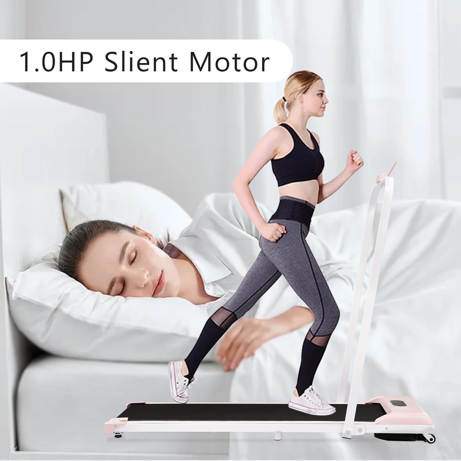 Foldable Under Desk Treadmill 2 - in - 1 LED Display Bluetooth Pink - Kwikley
