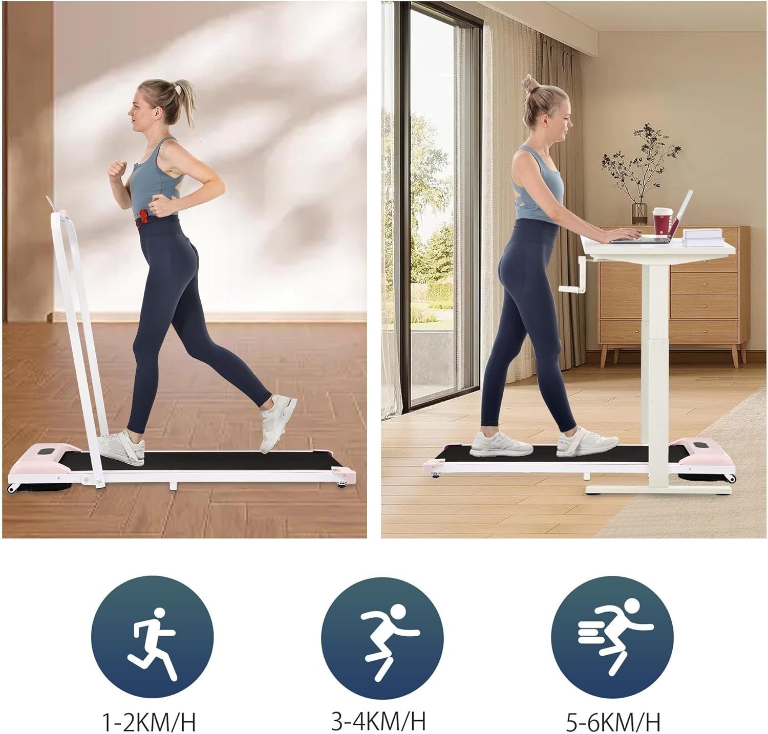 Foldable Under Desk Treadmill 2 - in - 1 LED Display Bluetooth Pink - Kwikley