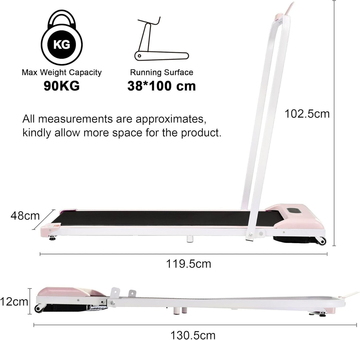 Foldable Under Desk Treadmill 2 - in - 1 LED Display Bluetooth Pink - Kwikley