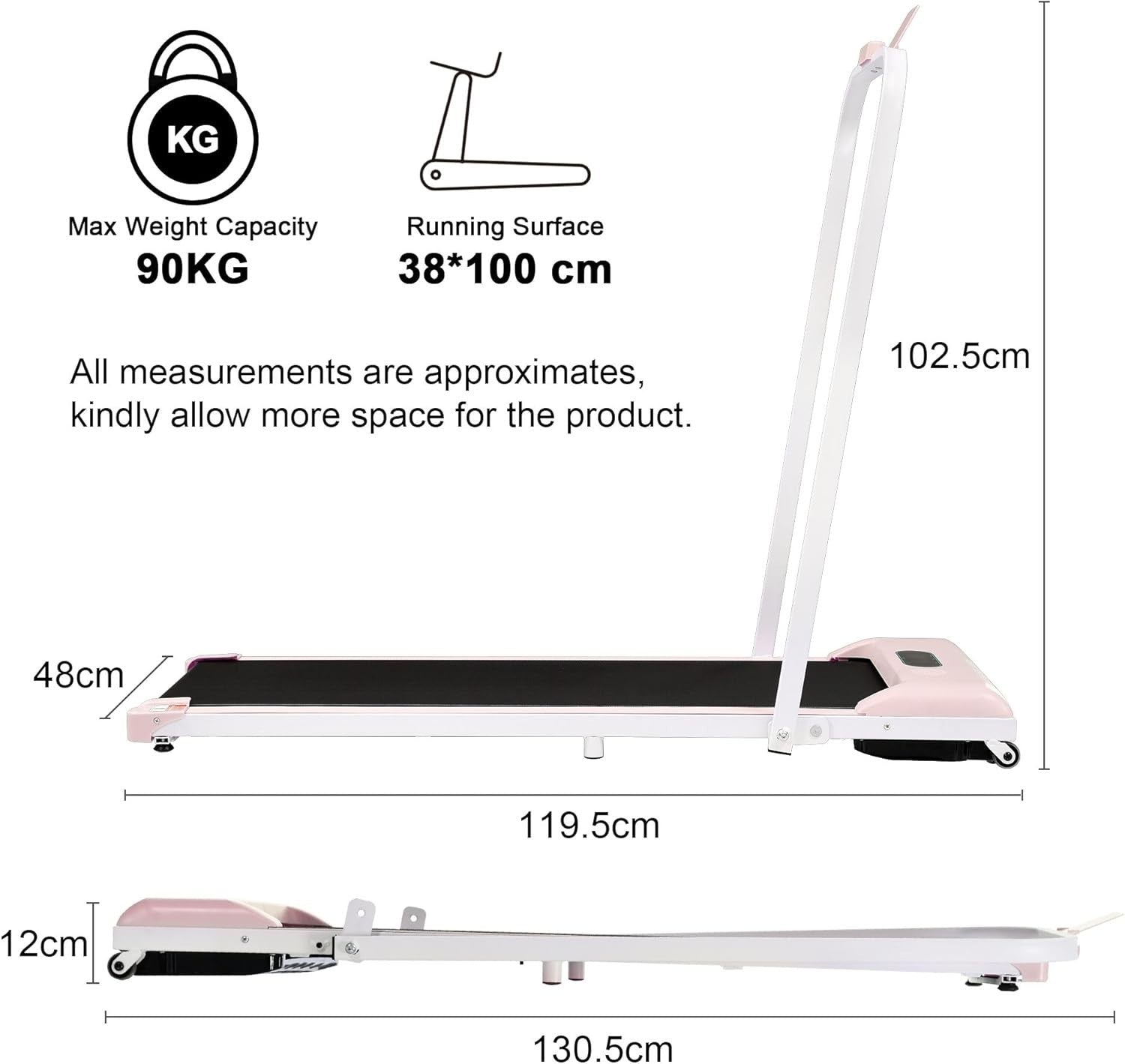 Foldable Under Desk Treadmill 2 - in - 1 LED Display Bluetooth Pink - Kwikley