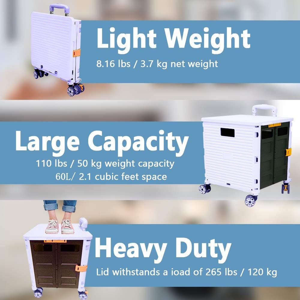 Foldable Utility Cart with 360° Wheels 50L Grocery & Travel Trolley - Kwikley