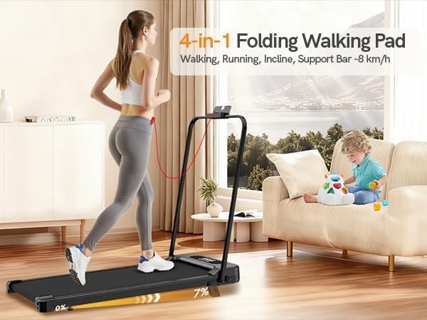 Foldable Walking Pad Treadmill 7% Incline 8KM/H LED Display Remote - Kwikley