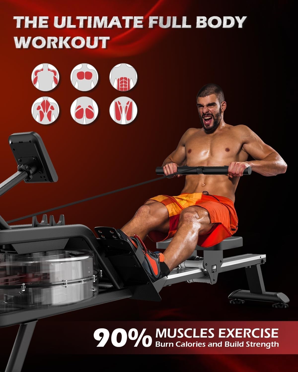 Foldable Water Rowing Machine 6 - Level Resistance Bluetooth LCD Home Rower 350LB - Kwikley