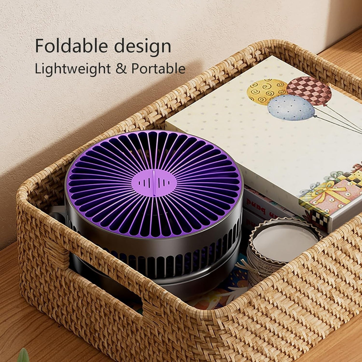 Foldable White Table Fan w Night Light 5 - Speed Quiet Rechargeable Air Circulator - Kwikley