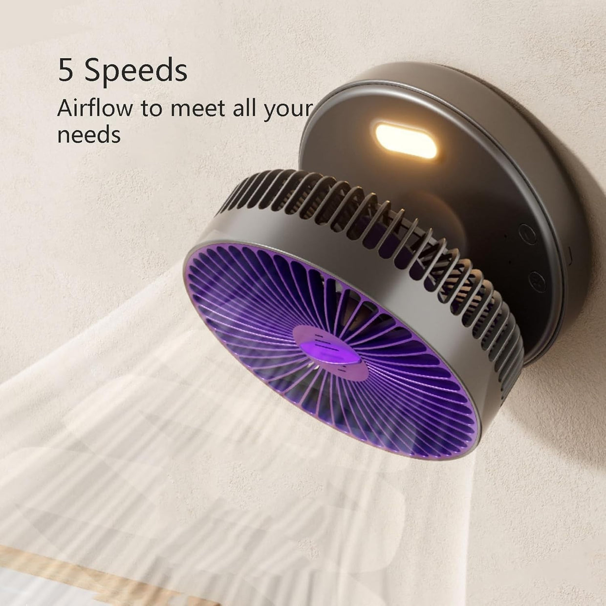 Foldable White Table Fan w Night Light 5 - Speed Quiet Rechargeable Air Circulator - Kwikley