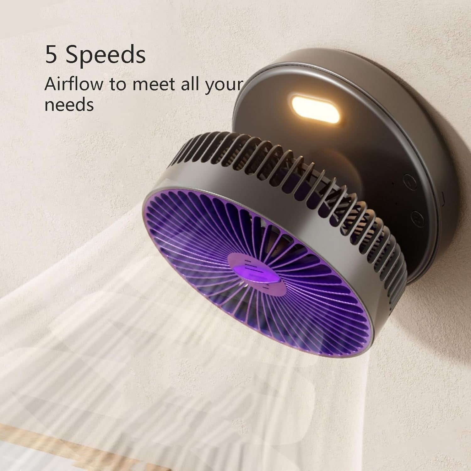 Foldable White Table Fan w Night Light 5 - Speed Quiet Rechargeable Air Circulator - Kwikley