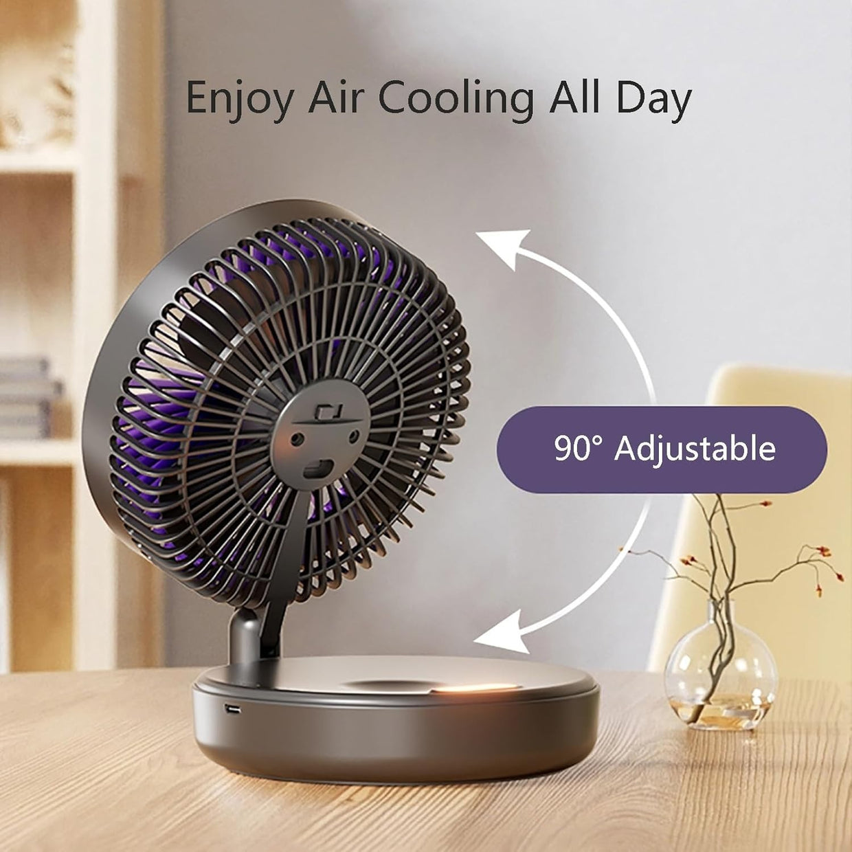 Foldable White Table Fan w Night Light 5 - Speed Quiet Rechargeable Air Circulator - Kwikley