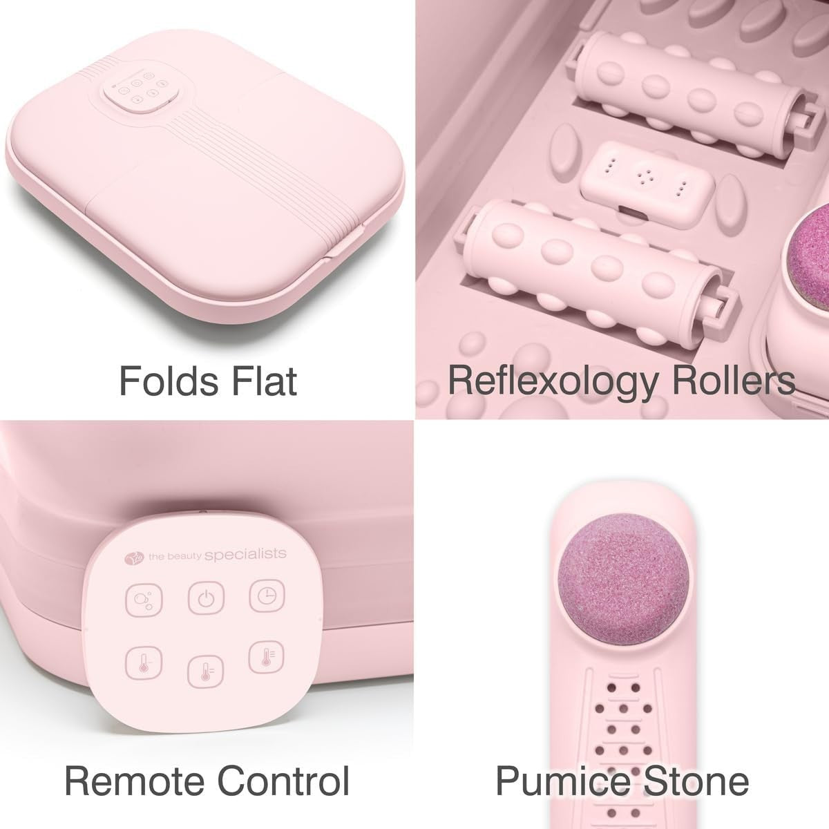 Foldaway Heated Foot Spa Bath w/ Rollers Bubbles Remote Pedicure Pink - Kwikley