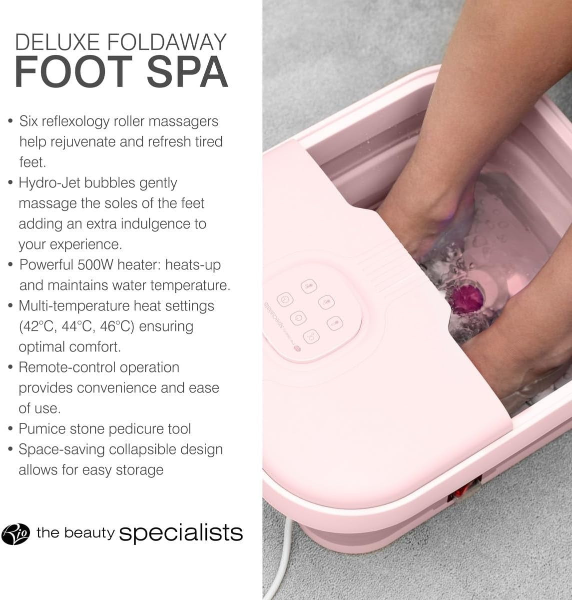 Foldaway Heated Foot Spa Bath w/ Rollers Bubbles Remote Pedicure Pink - Kwikley