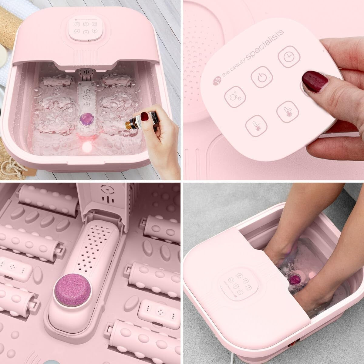 Foldaway Heated Foot Spa Bath w/ Rollers Bubbles Remote Pedicure Pink - Kwikley
