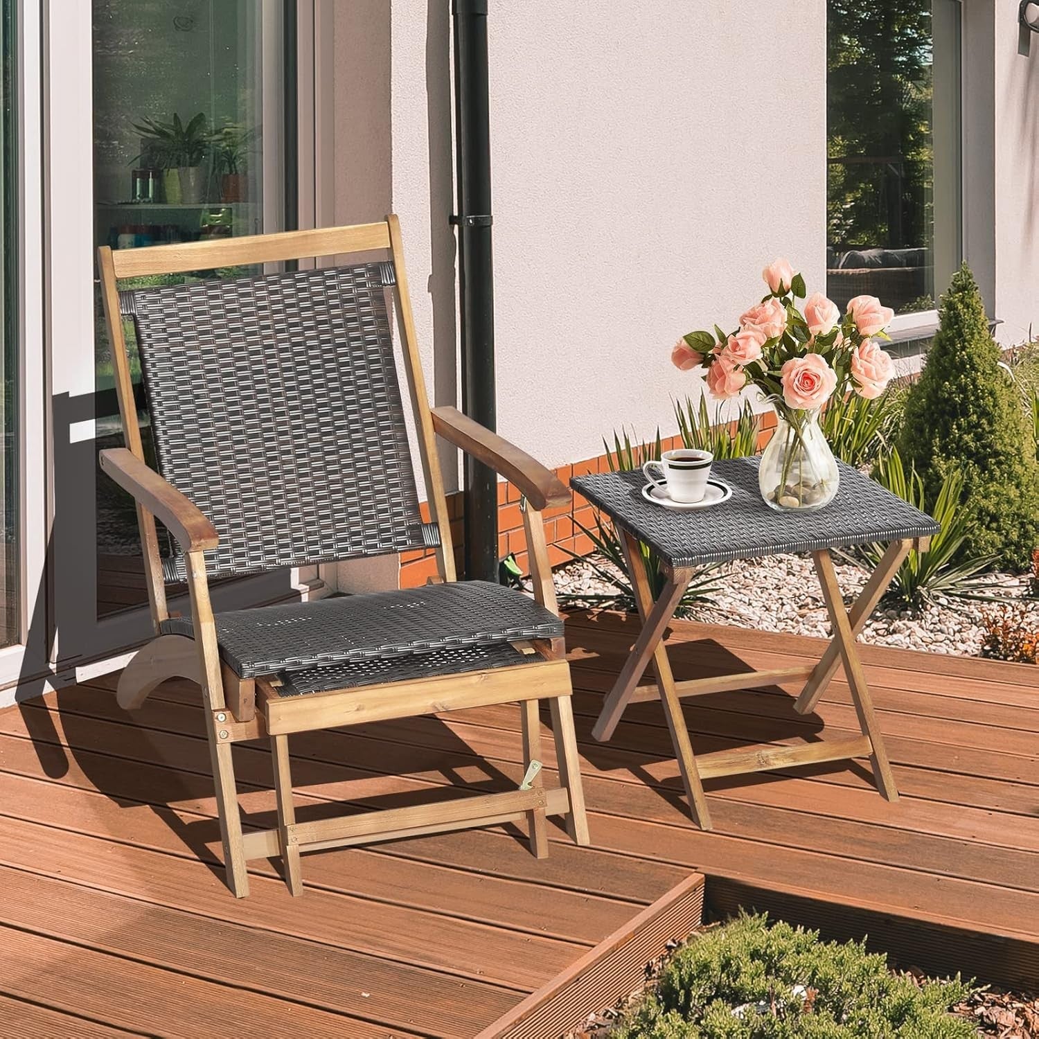 Folding Acacia Wood Sun Lounger with Retractable Footrest & Wicker Side Table - Kwikley