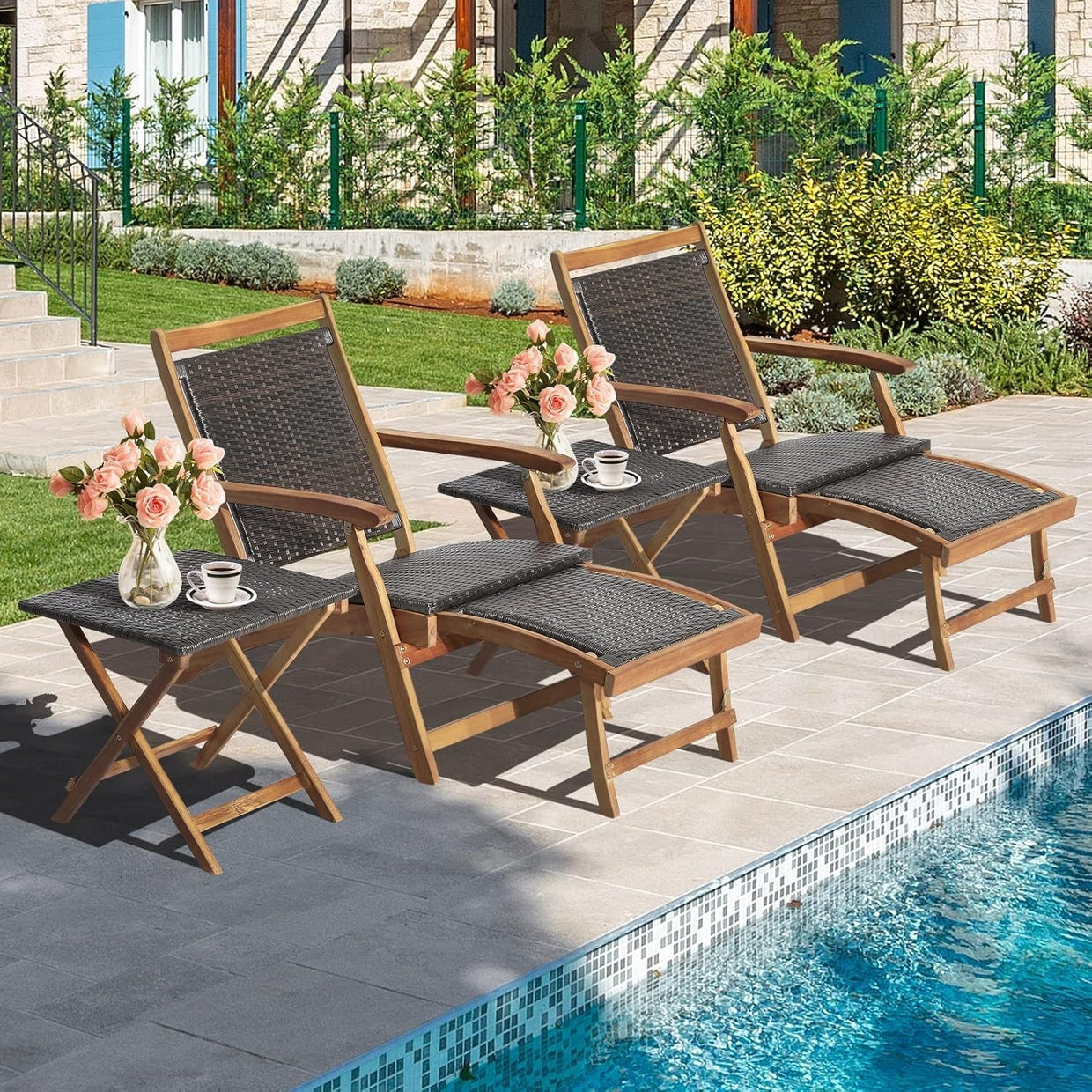 Folding Acacia Wood Sun Lounger with Retractable Footrest & Wicker Side Table - Kwikley