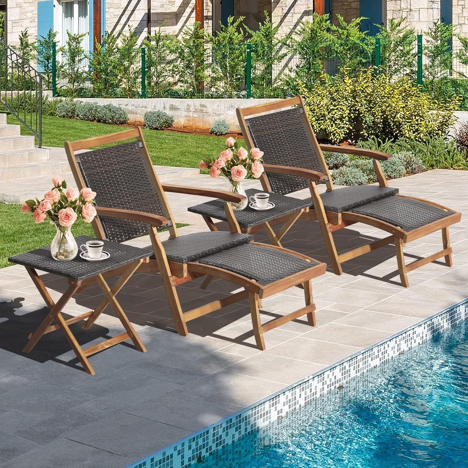 Folding Acacia Wood Sun Lounger with Retractable Footrest & Wicker Side Table - Kwikley