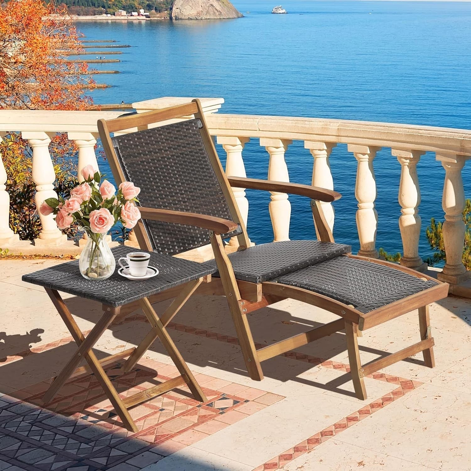 Folding Acacia Wood Sun Lounger with Retractable Footrest & Wicker Side Table - Kwikley