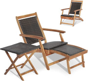 Folding Acacia Wood Sun Lounger with Retractable Footrest & Wicker Side Table - Kwikley