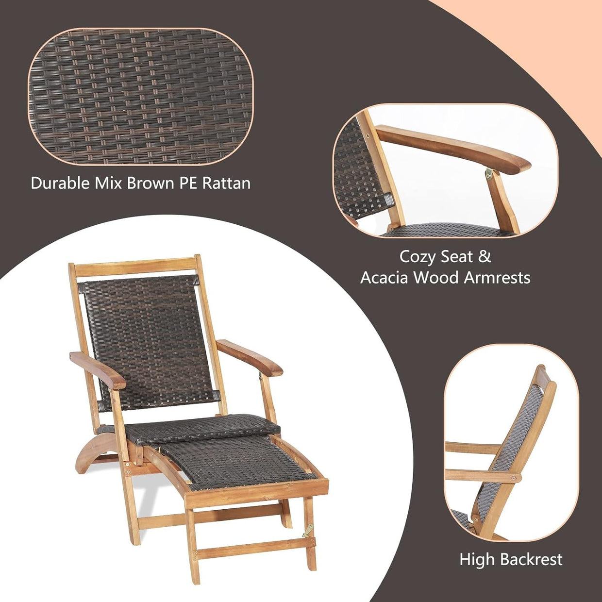 Folding Acacia Wood Sun Lounger with Retractable Footrest & Wicker Side Table - Kwikley