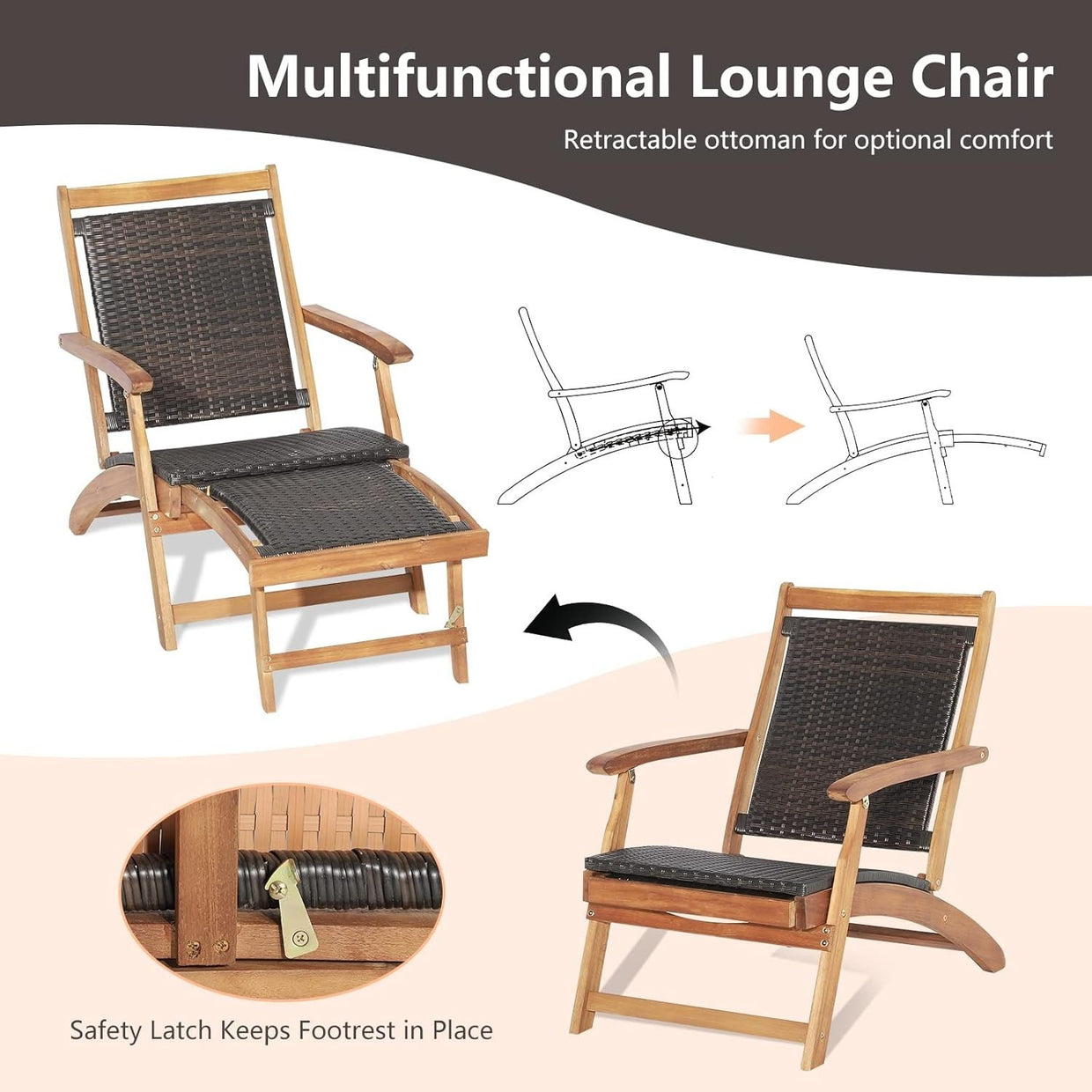 Folding Acacia Wood Sun Lounger with Retractable Footrest & Wicker Side Table - Kwikley
