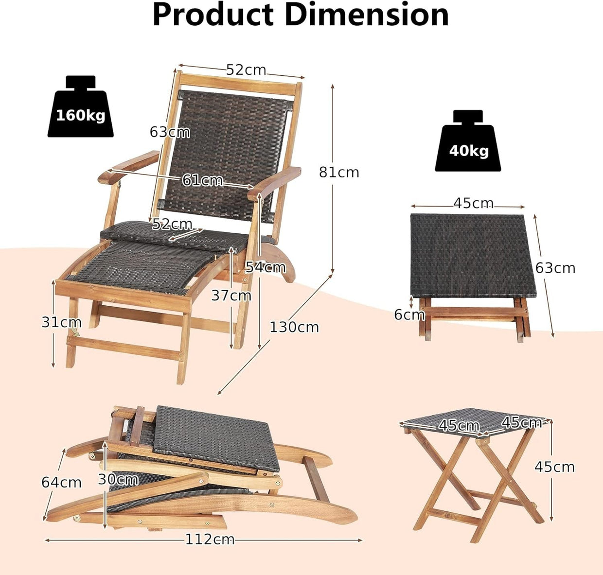 Folding Acacia Wood Sun Lounger with Retractable Footrest & Wicker Side Table - Kwikley