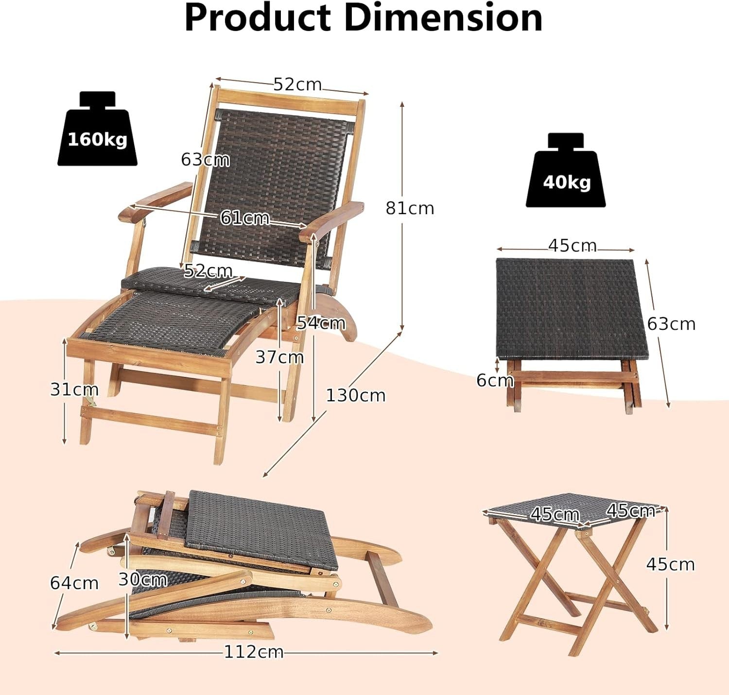 Folding Acacia Wood Sun Lounger with Retractable Footrest & Wicker Side Table - Kwikley