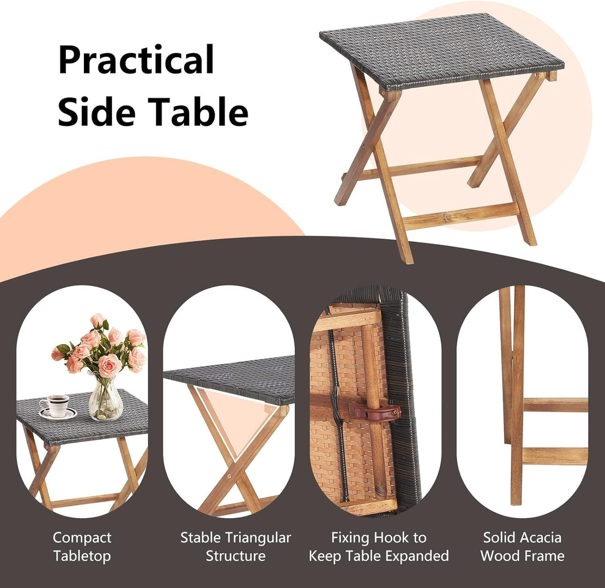 Folding Acacia Wood Sun Lounger with Retractable Footrest & Wicker Side Table - Kwikley