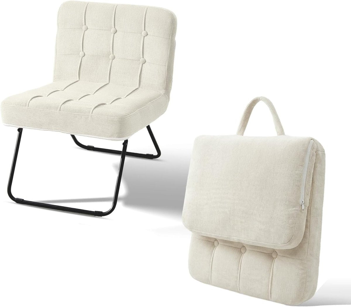 Folding Accent Chair Corduroy Lounge Seat Metal Legs Cream - Kwikley
