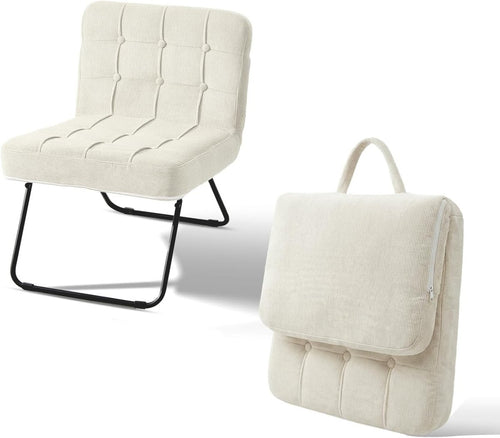 Folding Accent Chair Corduroy Lounge Seat Metal Legs Cream - Kwikley