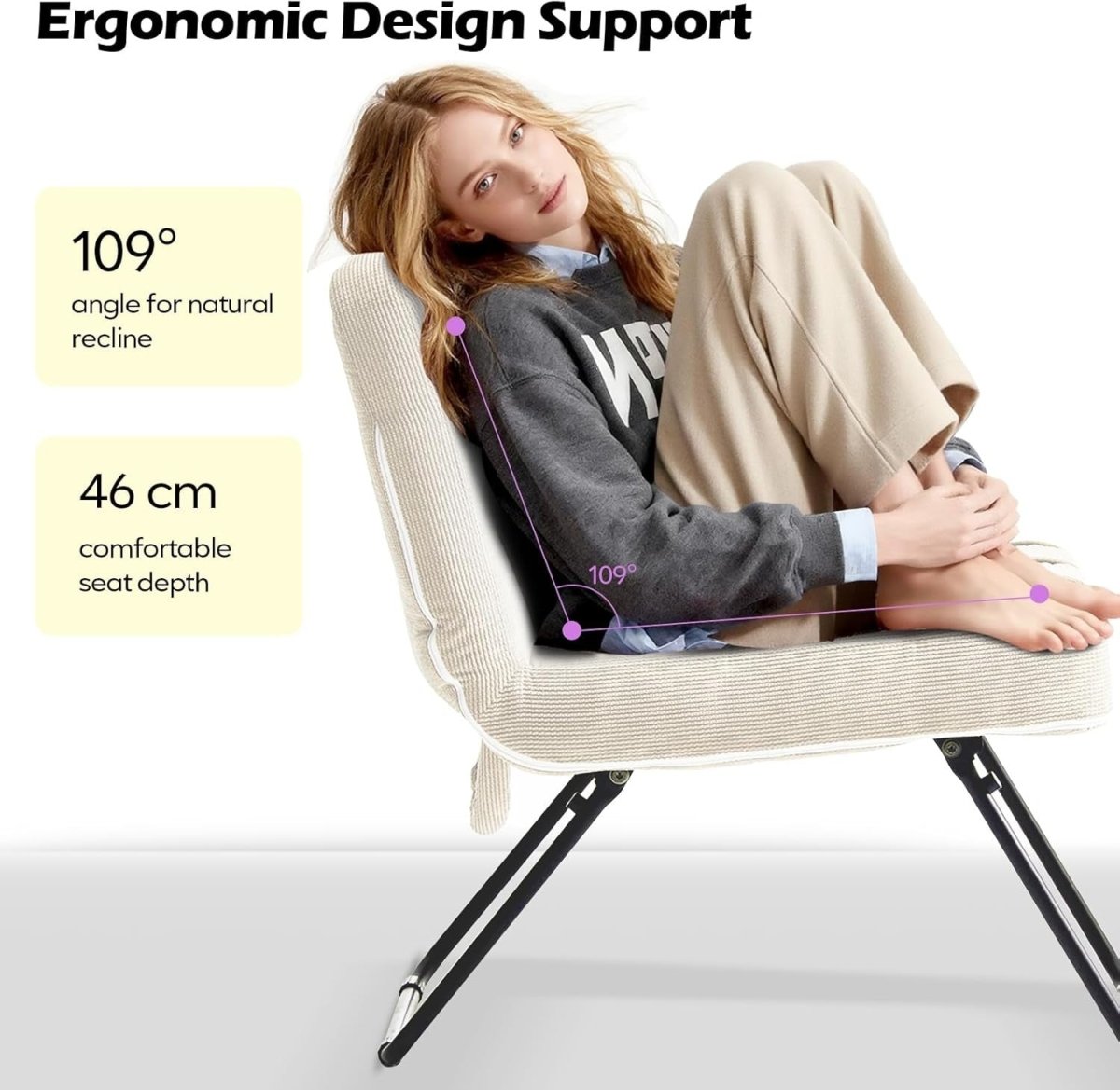 Folding Accent Chair Corduroy Lounge Seat Metal Legs Cream - Kwikley